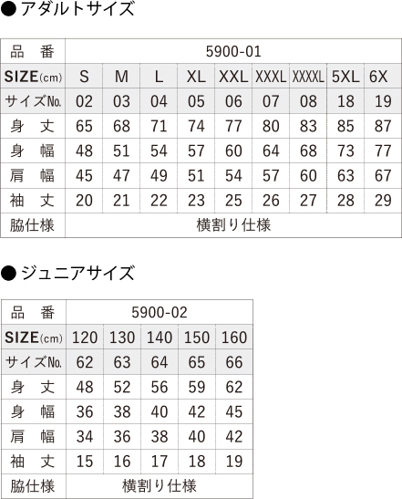オリジナルTシャツ 5900-01 02 サイズ表